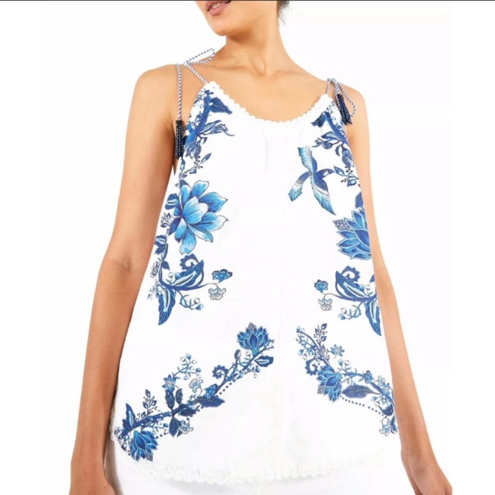 FARM Rio Blue and White Floral Tank Top